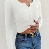 Autumn Winter Women Half Button Ribbed Knit Long Sleeve Crop Sweater V Neck Pull Femme Slim Y2K Cute Pullover Jersey Top Clothes