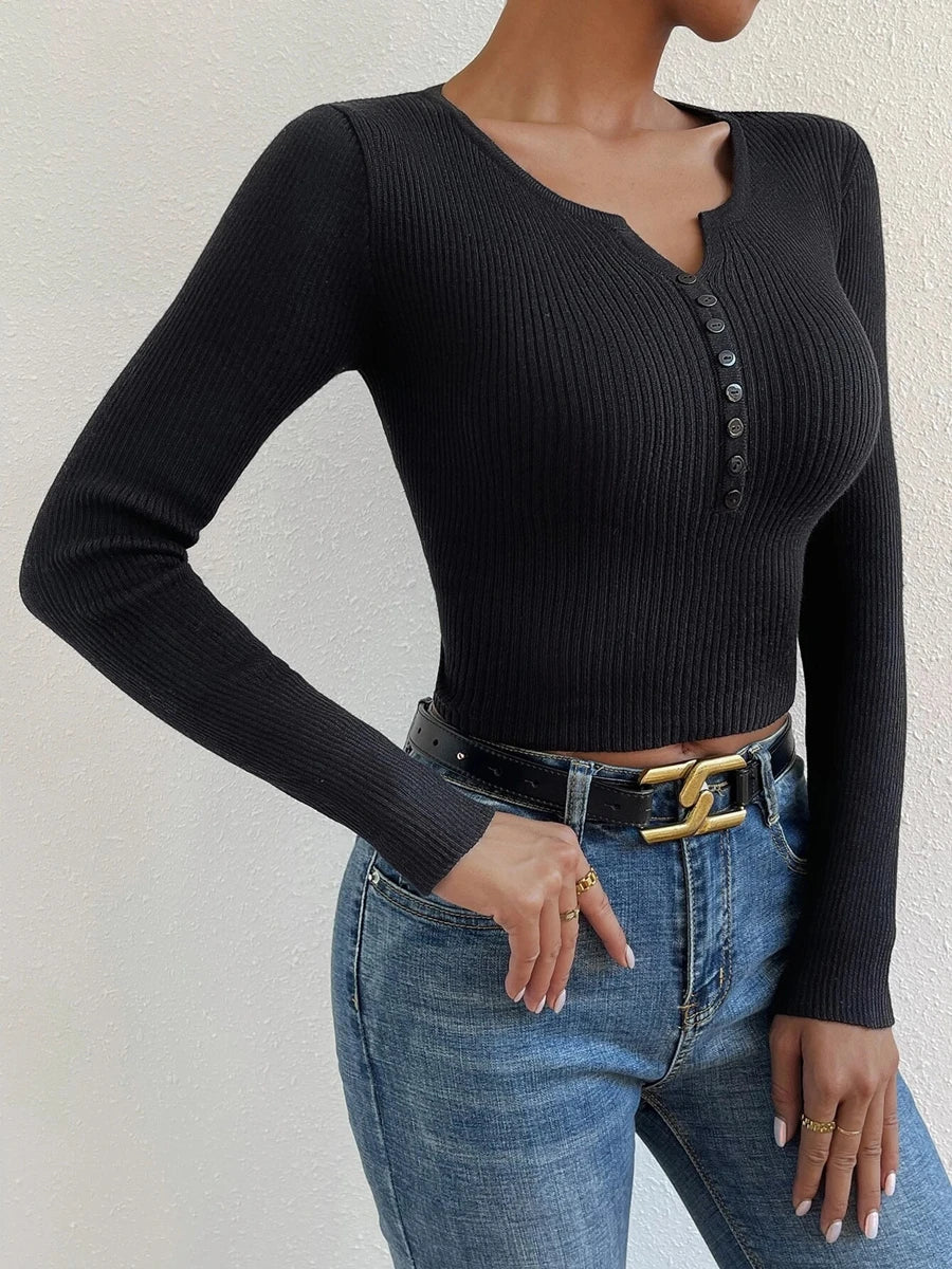 Autumn Winter Women Half Button Ribbed Knit Long Sleeve Crop Sweater V Neck Pull Femme Slim Y2K Cute Pullover Jersey Top Clothes