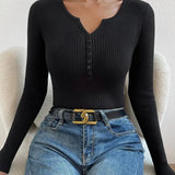 Autumn Winter Women Half Button Ribbed Knit Long Sleeve Crop Sweater V Neck Pull Femme Slim Y2K Cute Pullover Jersey Top Clothes