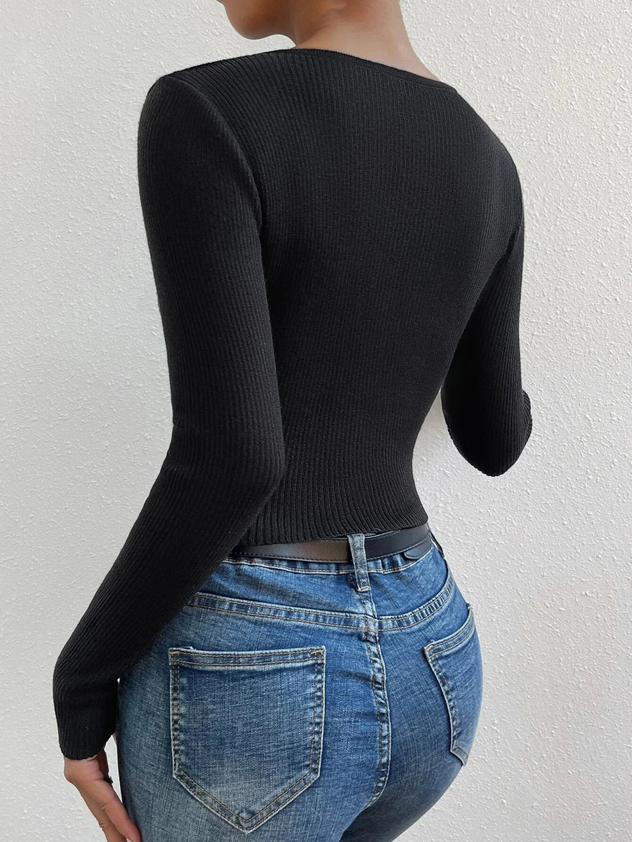 Autumn Winter Women Half Button Ribbed Knit Long Sleeve Crop Sweater V Neck Pull Femme Slim Y2K Cute Pullover Jersey Top Clothes