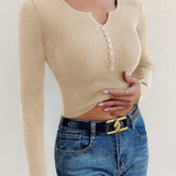 Autumn Winter Women Half Button Ribbed Knit Long Sleeve Crop Sweater V Neck Pull Femme Slim Y2K Cute Pullover Jersey Top Clothes